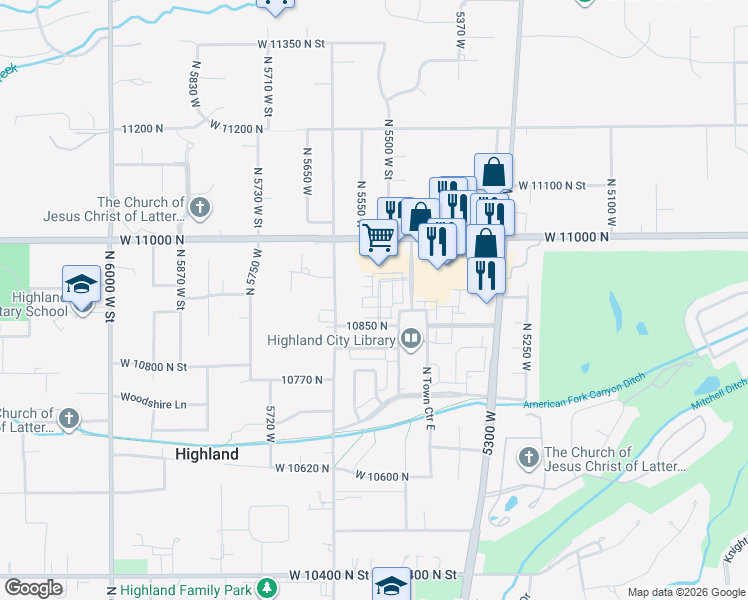 map of restaurants, bars, coffee shops, grocery stores, and more near 5517 Sicily Lane in Highland