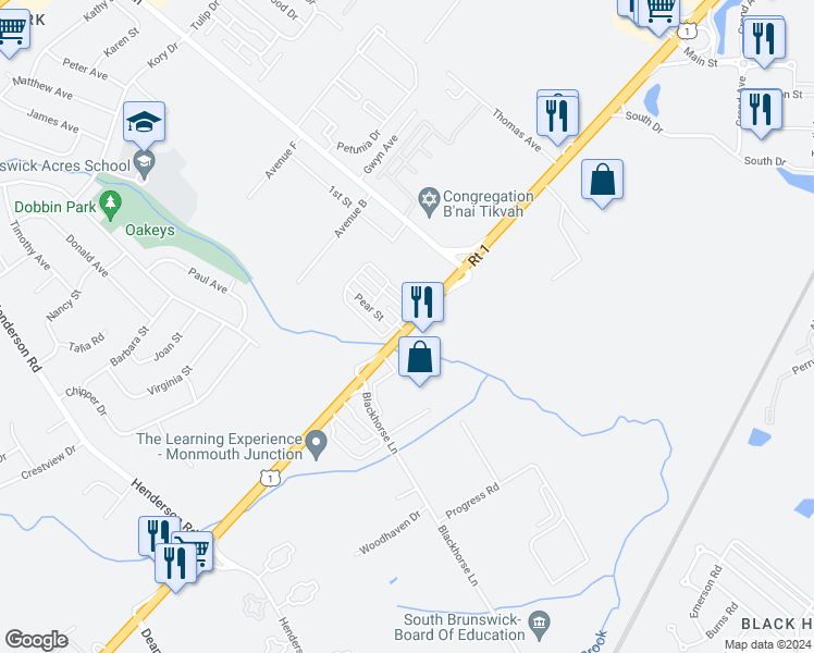 map of restaurants, bars, coffee shops, grocery stores, and more near 3717 U.S. 1 in North Brunswick