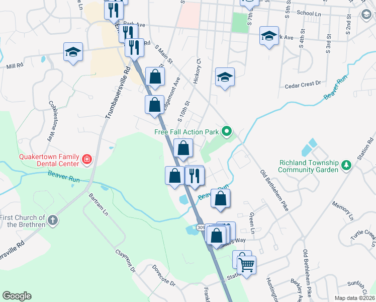 map of restaurants, bars, coffee shops, grocery stores, and more near 561 South West End Boulevard in Quakertown