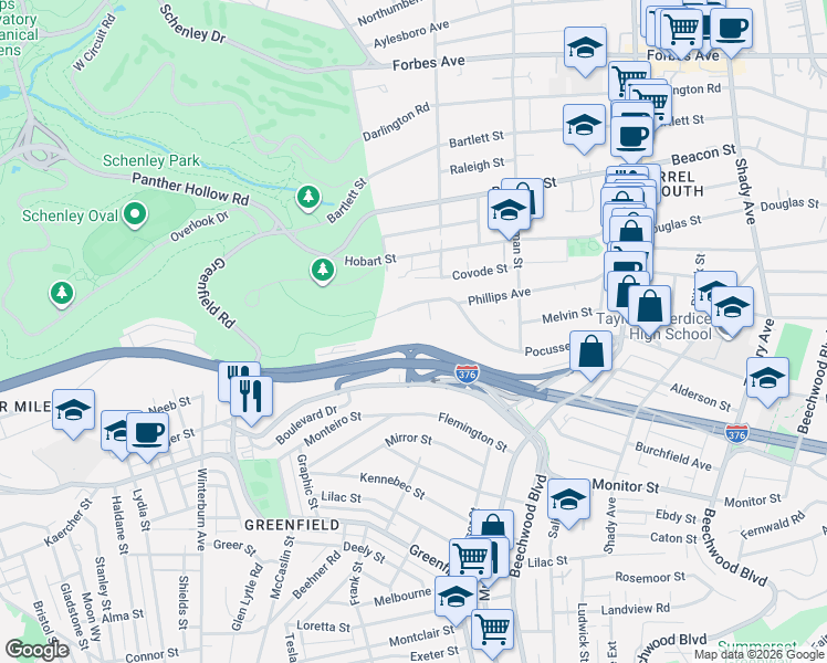 map of restaurants, bars, coffee shops, grocery stores, and more near 5326 Pocusset Street in Pittsburgh