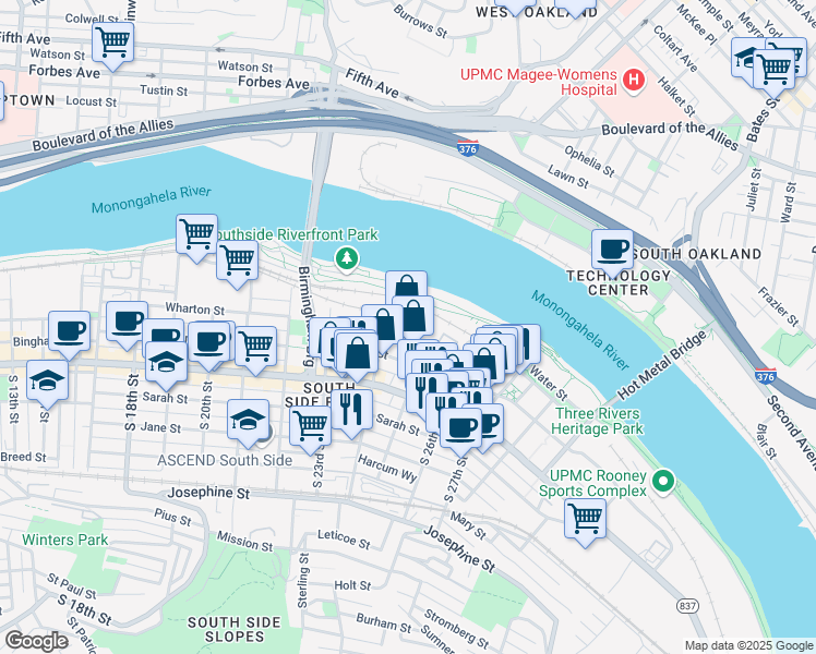 map of restaurants, bars, coffee shops, grocery stores, and more near 2403 Sidney Street in Pittsburgh