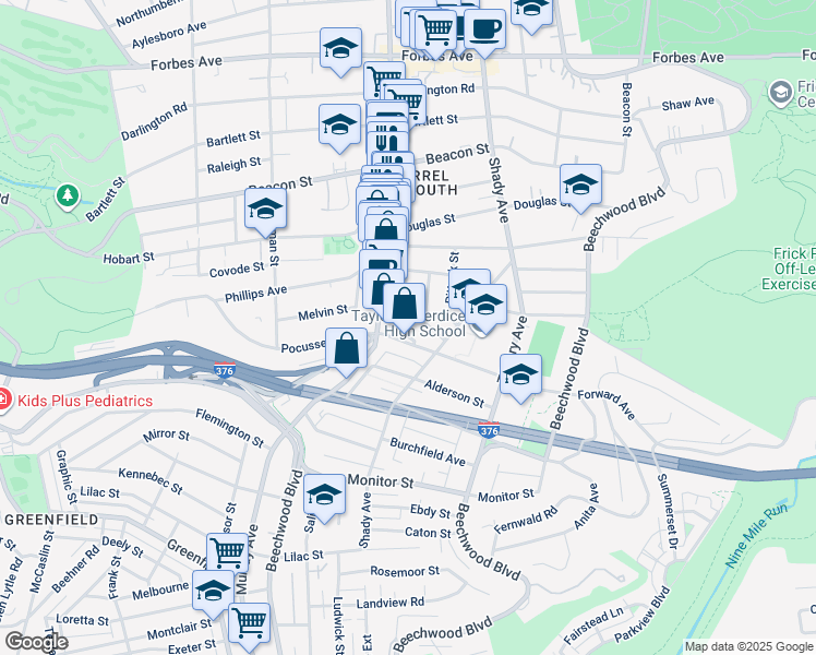 map of restaurants, bars, coffee shops, grocery stores, and more near 2355 Eldridge Street in Pittsburgh