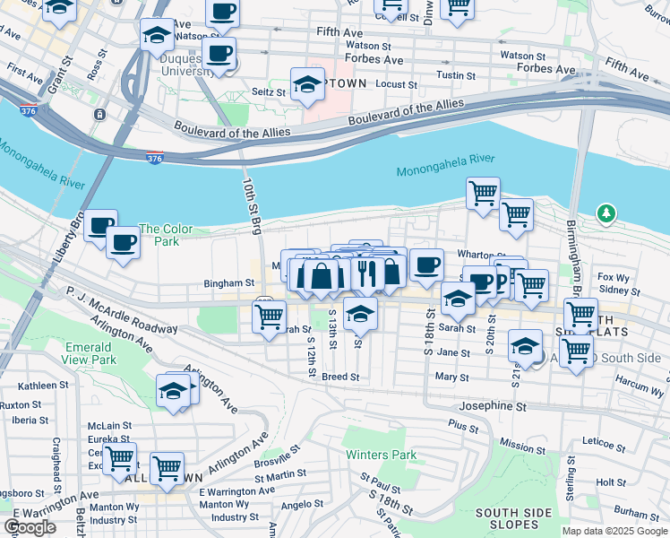 map of restaurants, bars, coffee shops, grocery stores, and more near 1323 Bingham Street in Pittsburgh