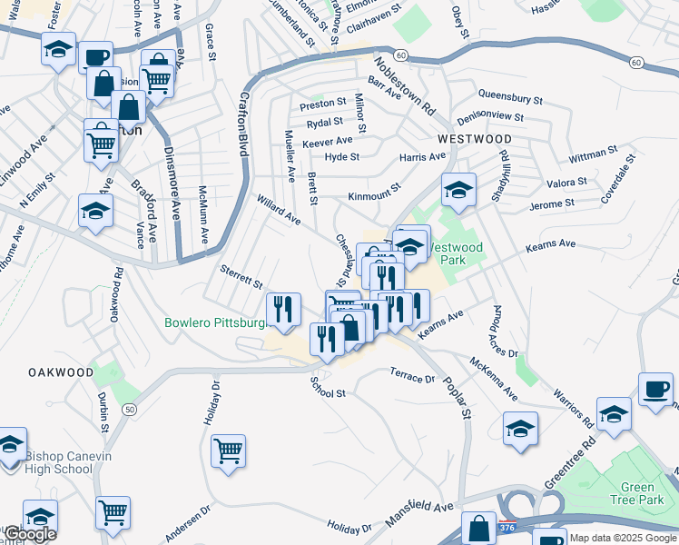 map of restaurants, bars, coffee shops, grocery stores, and more near 1814 Chessland Street in Pittsburgh