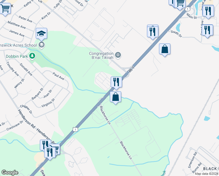 map of restaurants, bars, coffee shops, grocery stores, and more near 32 Oakdale Village in South Brunswick Township