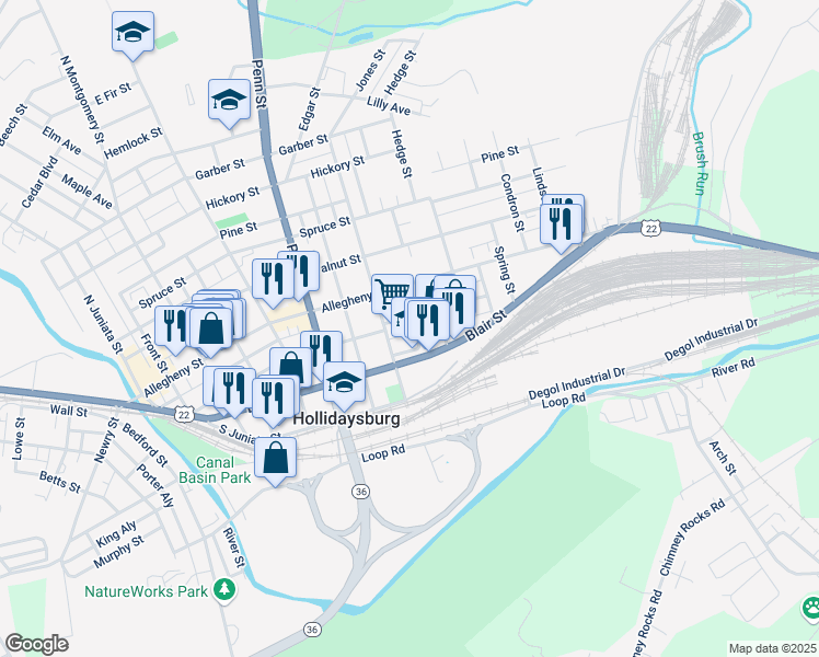 map of restaurants, bars, coffee shops, grocery stores, and more near 202 Jones Street in Hollidaysburg