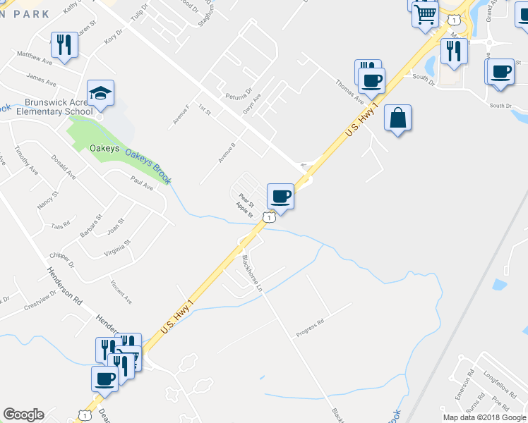 map of restaurants, bars, coffee shops, grocery stores, and more near 8 Oakdale Village in South Brunswick Township