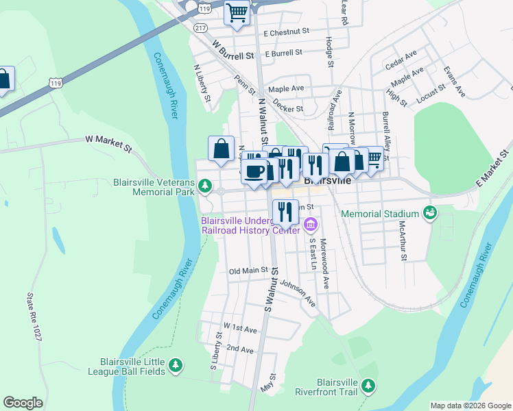 map of restaurants, bars, coffee shops, grocery stores, and more near 107 East Brown Street in Blairsville