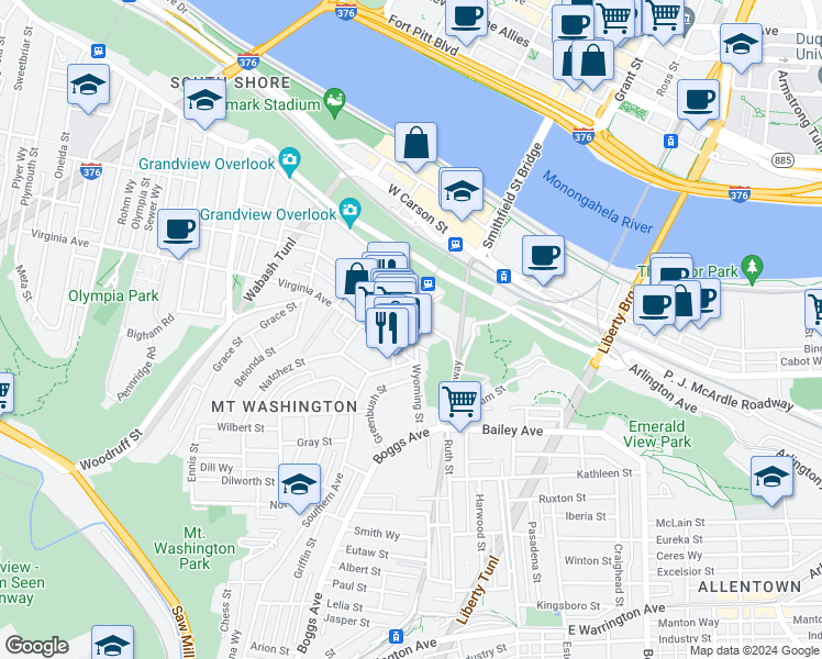 map of restaurants, bars, coffee shops, grocery stores, and more near 38 Wyoming Street in Pittsburgh