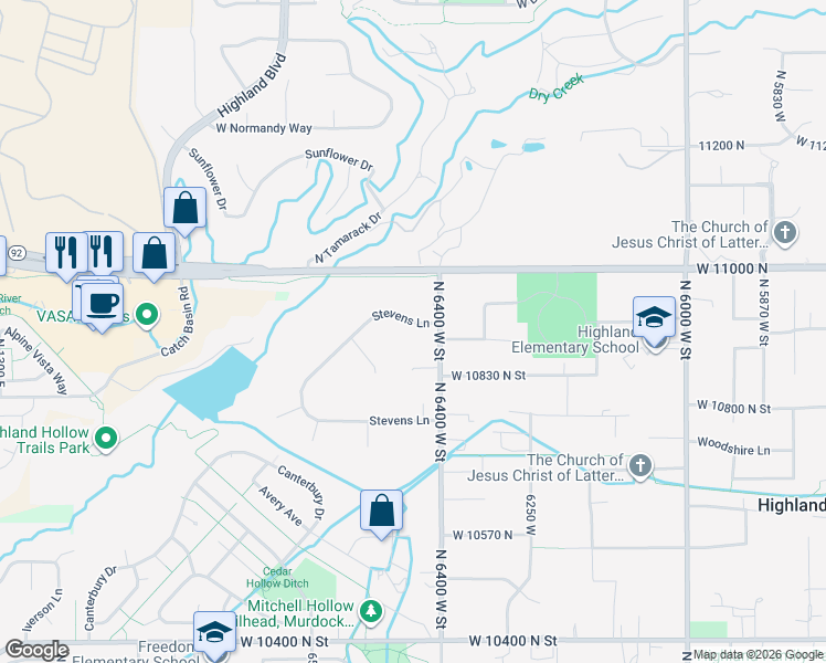 map of restaurants, bars, coffee shops, grocery stores, and more near 6439 West 10900 North in Highland