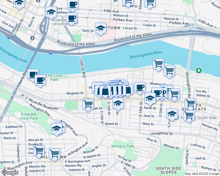 map of restaurants, bars, coffee shops, grocery stores, and more near 1300 Muriel Street in Pittsburgh