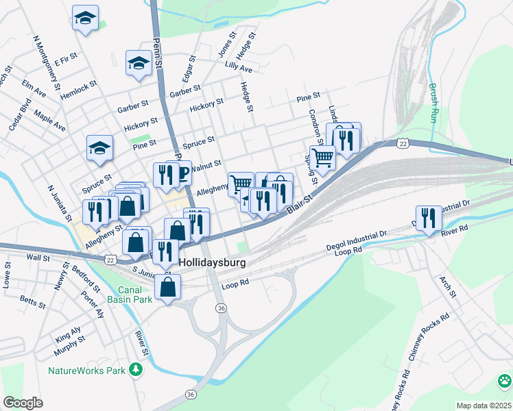 map of restaurants, bars, coffee shops, grocery stores, and more near 913 Blair Street in Hollidaysburg