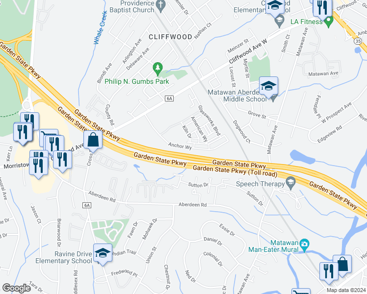 map of restaurants, bars, coffee shops, grocery stores, and more near Anchor Way in Monmouth County