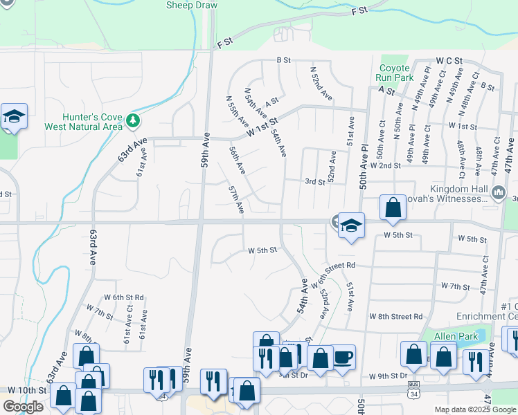 map of restaurants, bars, coffee shops, grocery stores, and more near 5600 West 3rd Street in Greeley
