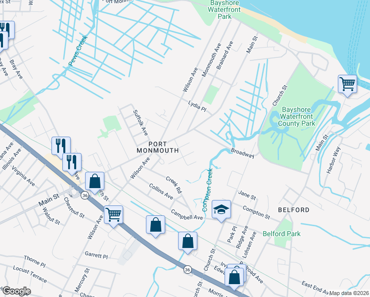 map of restaurants, bars, coffee shops, grocery stores, and more near 1 Pinehurst Avenue in Port Monmouth