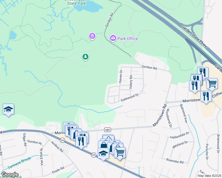 map of restaurants, bars, coffee shops, grocery stores, and more near 74 Haven Drive in Matawan