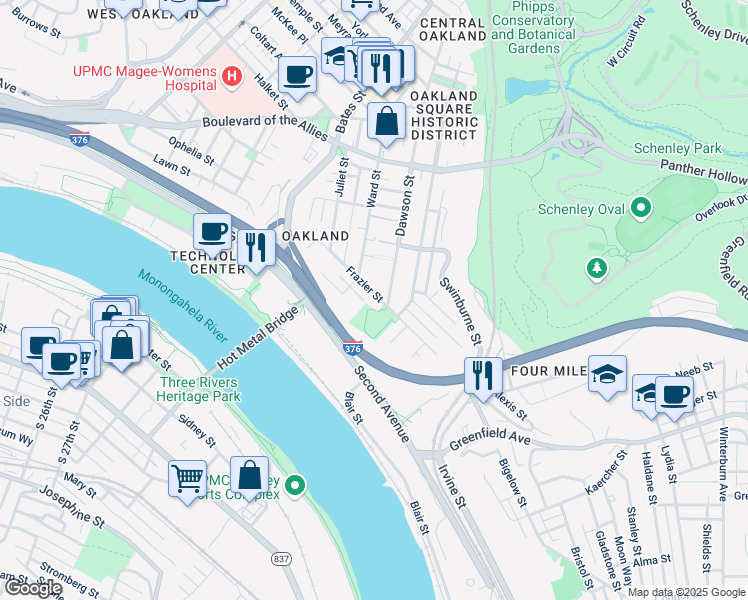 map of restaurants, bars, coffee shops, grocery stores, and more near 3638 Frazier Street in Pittsburgh