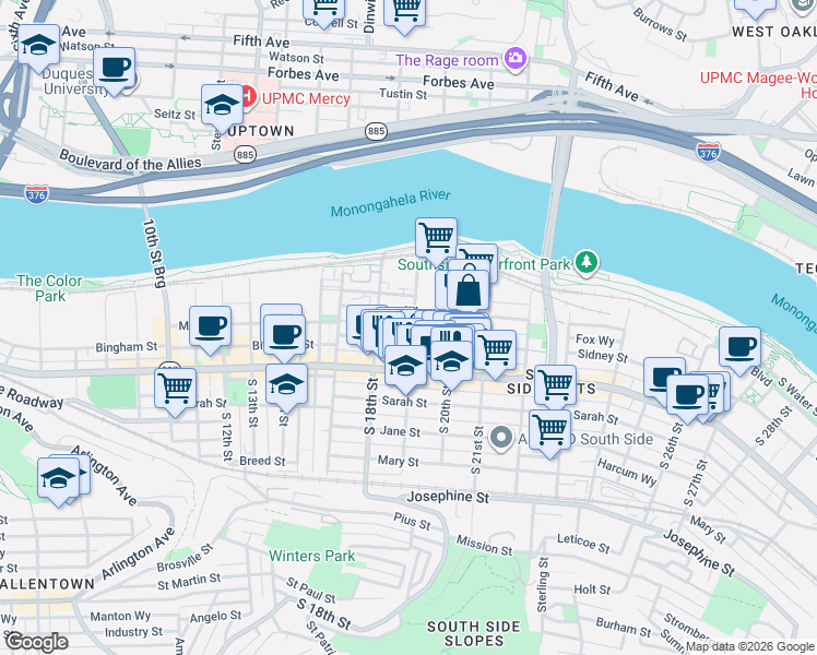 map of restaurants, bars, coffee shops, grocery stores, and more near 1910 Sidney Street in Pittsburgh