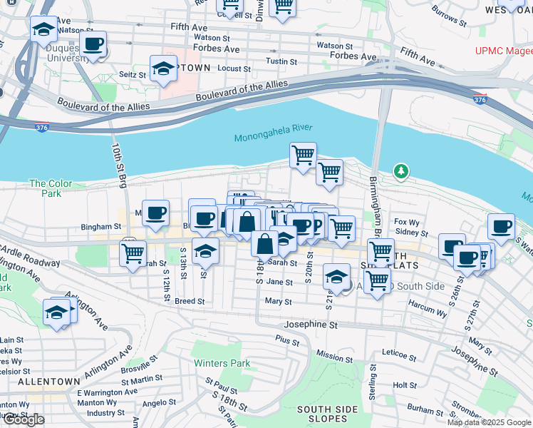 map of restaurants, bars, coffee shops, grocery stores, and more near 1829 East Carson Street in Pittsburgh
