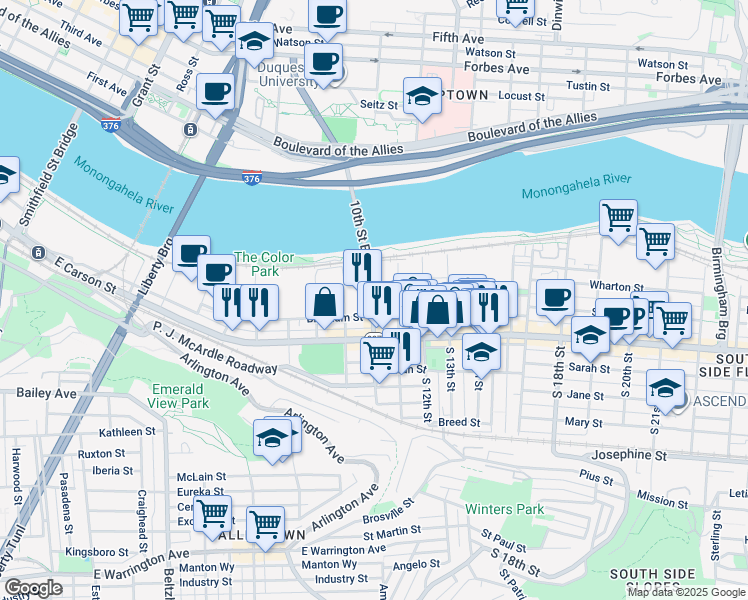 map of restaurants, bars, coffee shops, grocery stores, and more near 38 South 10th Street in Pittsburgh