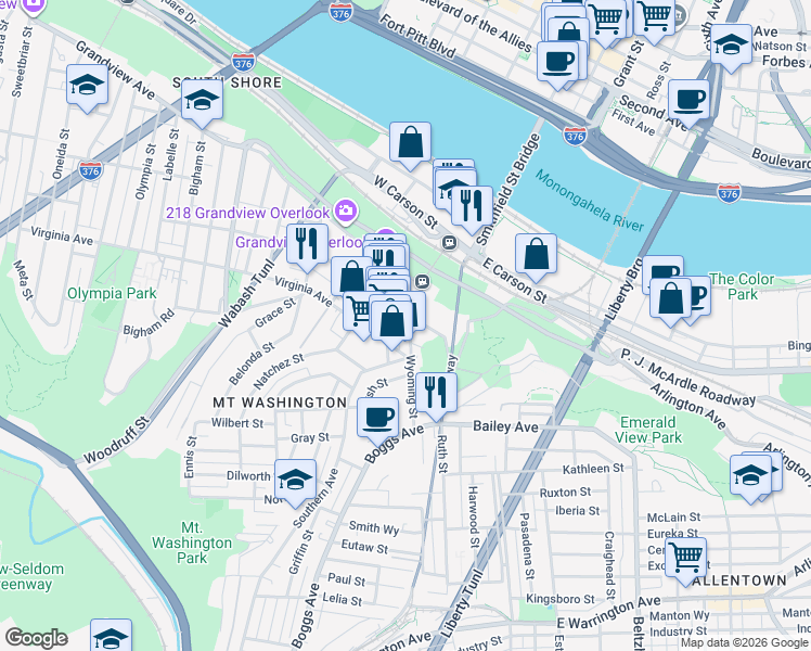 map of restaurants, bars, coffee shops, grocery stores, and more near 22 Southern Avenue in Pittsburgh