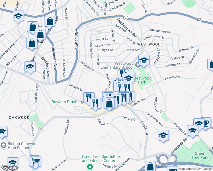 map of restaurants, bars, coffee shops, grocery stores, and more near 1831 Chessland Street in Pittsburgh