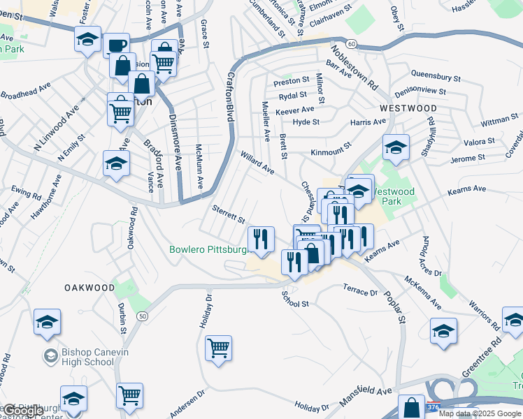 map of restaurants, bars, coffee shops, grocery stores, and more near 105 Sterrett Street in Pittsburgh