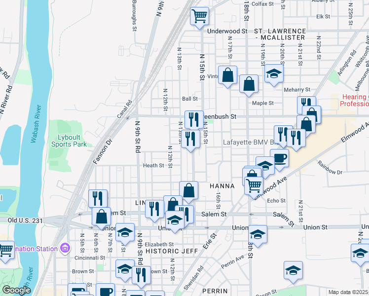 map of restaurants, bars, coffee shops, grocery stores, and more near 1213 North 13th Street in Lafayette