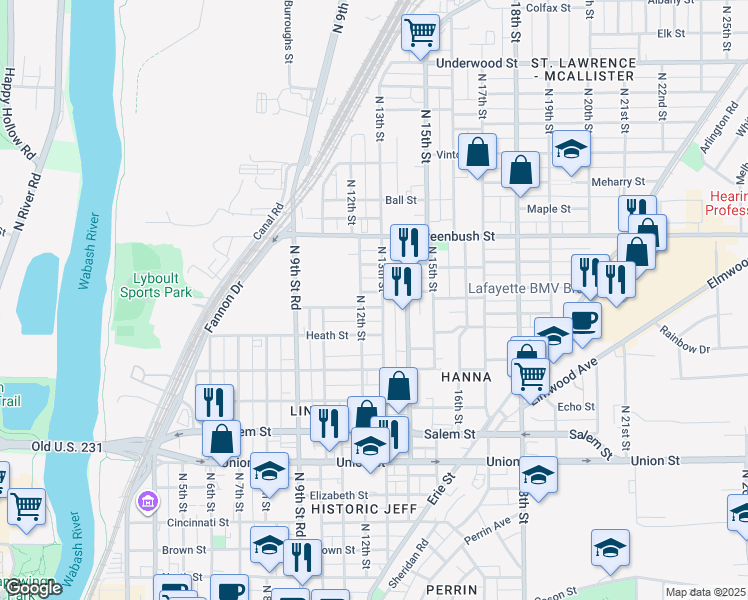 map of restaurants, bars, coffee shops, grocery stores, and more near 1213 North 13th Street in Lafayette