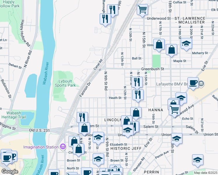 map of restaurants, bars, coffee shops, grocery stores, and more near 1250 North 10th Street in Lafayette