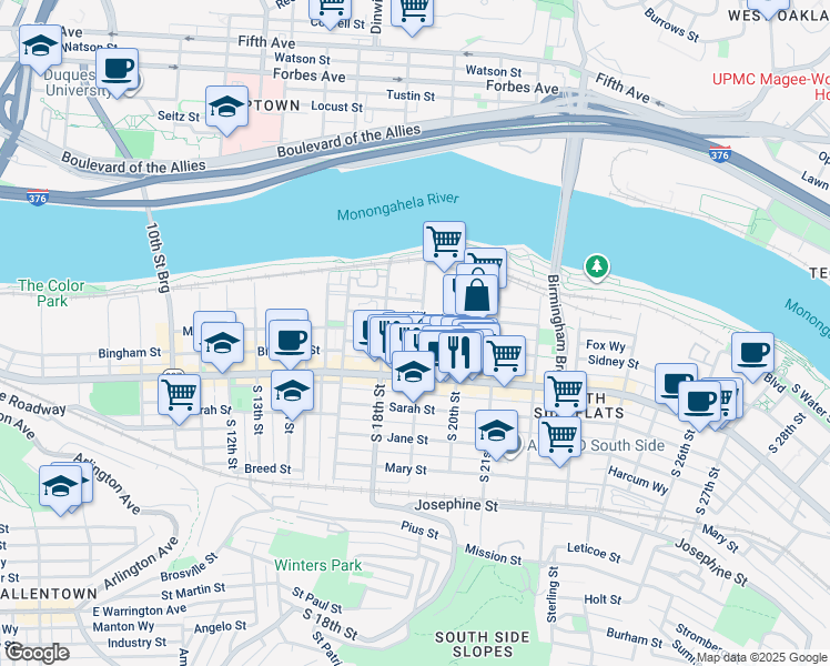 map of restaurants, bars, coffee shops, grocery stores, and more near 1910 Sidney Street in Pittsburgh