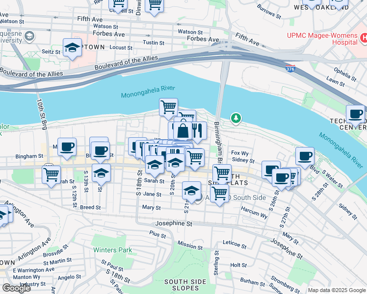 map of restaurants, bars, coffee shops, grocery stores, and more near 2012 Sidney Street in Pittsburgh