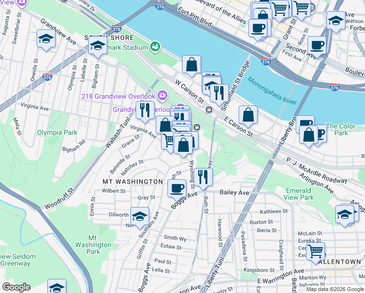 map of restaurants, bars, coffee shops, grocery stores, and more near 221 Shiloh Street in Pittsburgh