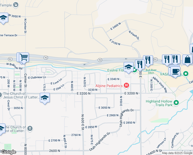 map of restaurants, bars, coffee shops, grocery stores, and more near 3368 North 700 East in Lehi