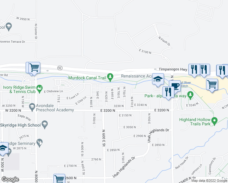 map of restaurants, bars, coffee shops, grocery stores, and more near 3368 North 660 East in Lehi