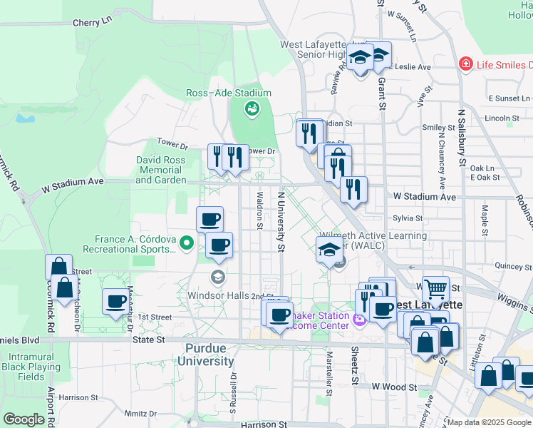 map of restaurants, bars, coffee shops, grocery stores, and more near 931 6th Street in West Lafayette