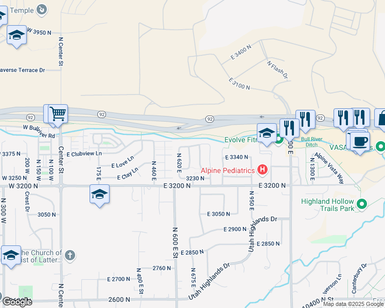 map of restaurants, bars, coffee shops, grocery stores, and more near 3368 North 660 East in Lehi