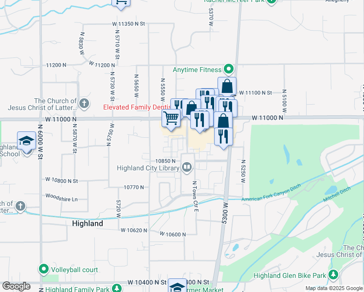 map of restaurants, bars, coffee shops, grocery stores, and more near 10905 Vercelli Drive in Highland