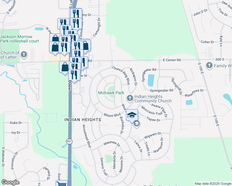 map of restaurants, bars, coffee shops, grocery stores, and more near 5207 Mohawk Drive in Kokomo