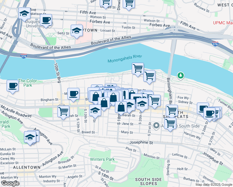 map of restaurants, bars, coffee shops, grocery stores, and more near 1711 Wrights Way in Pittsburgh