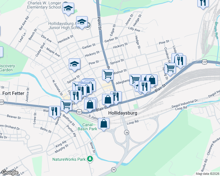 map of restaurants, bars, coffee shops, grocery stores, and more near 517 Mulberry Street in Hollidaysburg