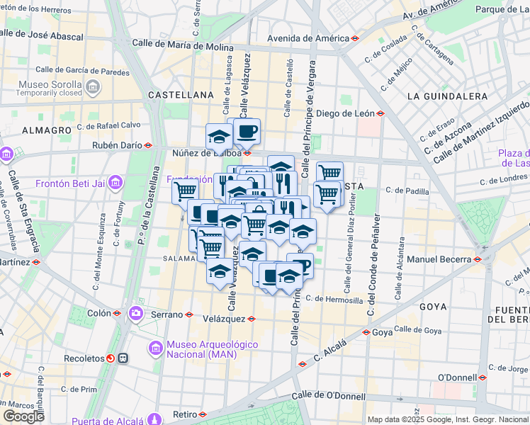 map of restaurants, bars, coffee shops, grocery stores, and more near 28 Calle de José Ortega y Gasset in Madrid