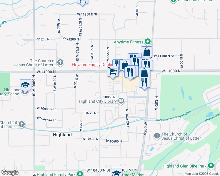 map of restaurants, bars, coffee shops, grocery stores, and more near 5538 West Naples Drive in Highland