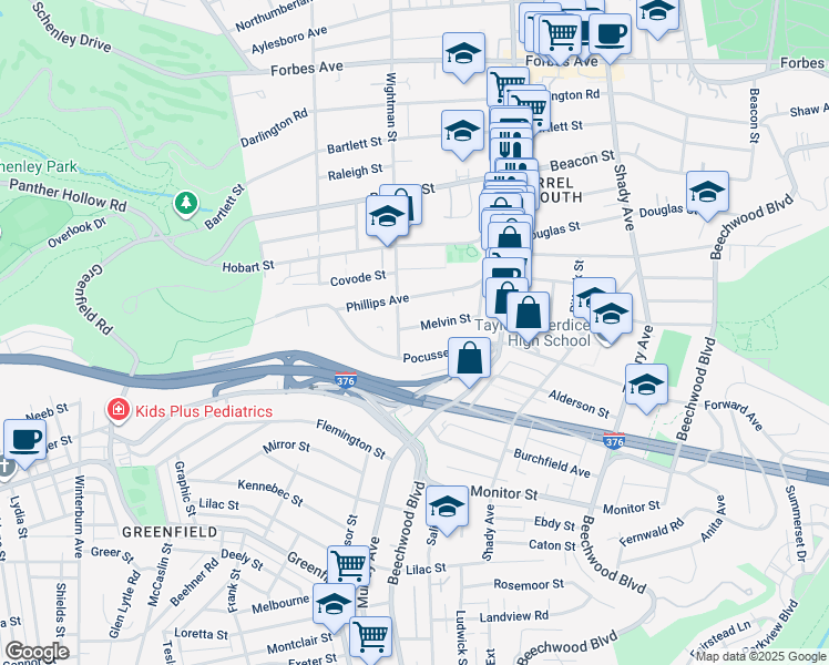 map of restaurants, bars, coffee shops, grocery stores, and more near 5575 Pocusset Street in Pittsburgh