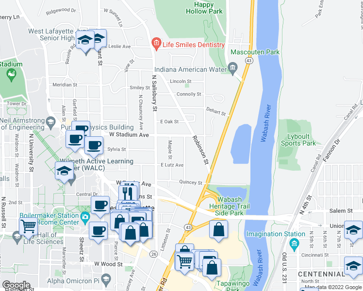 map of restaurants, bars, coffee shops, grocery stores, and more near 483 Littleton Street in West Lafayette