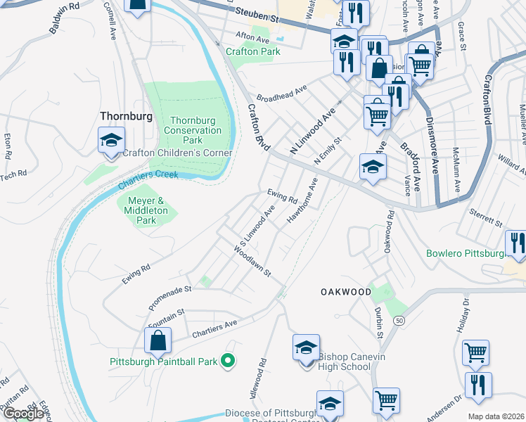 map of restaurants, bars, coffee shops, grocery stores, and more near 80 South Linwood Avenue in Pittsburgh