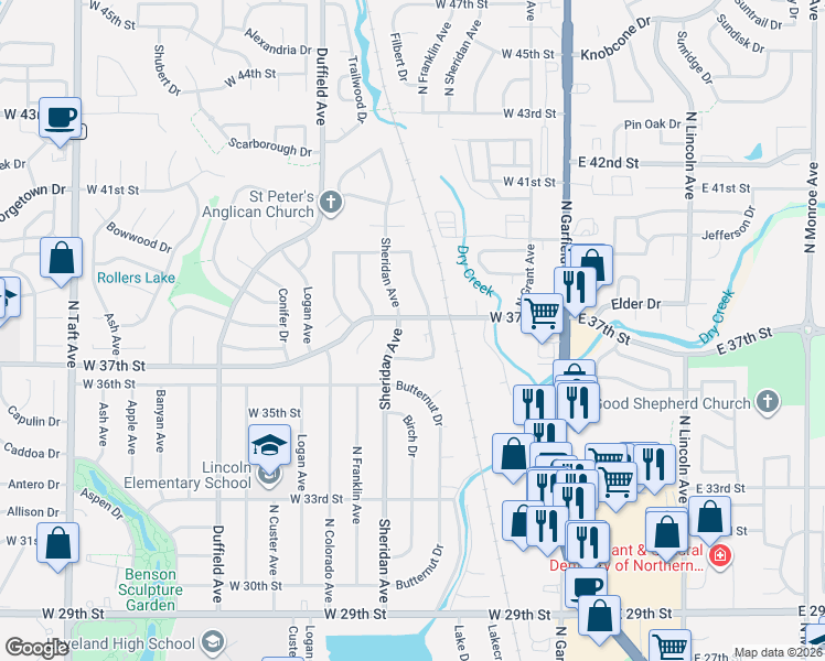 map of restaurants, bars, coffee shops, grocery stores, and more near 3644 Sheridan Avenue in Loveland