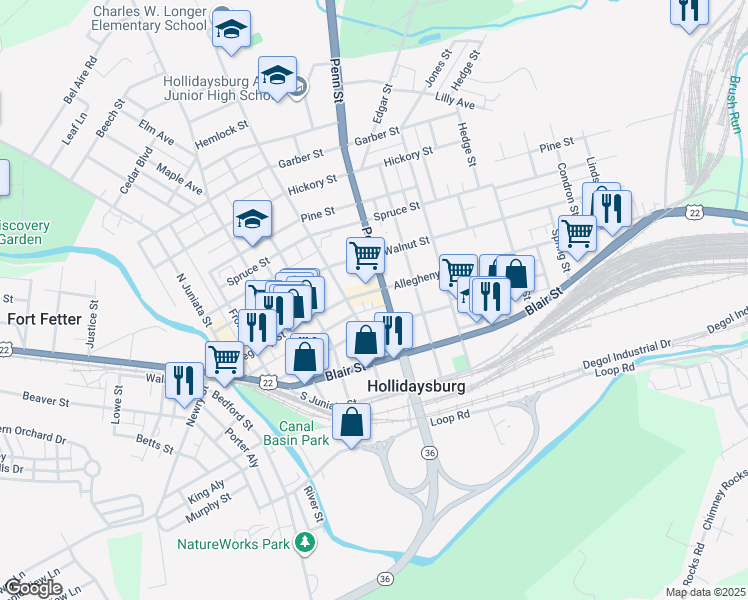 map of restaurants, bars, coffee shops, grocery stores, and more near 517 Mulberry Street in Hollidaysburg