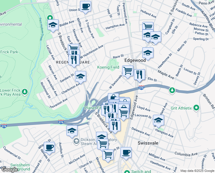 map of restaurants, bars, coffee shops, grocery stores, and more near 315 West Swissvale Avenue in Pittsburgh