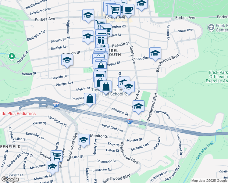 map of restaurants, bars, coffee shops, grocery stores, and more near 5841 Forward Avenue in Pittsburgh